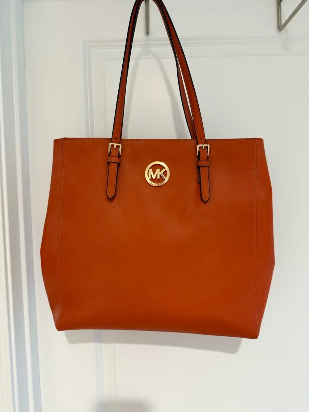 Michael Kors Burnt Orange Leather Tote with Gold MK Emblem